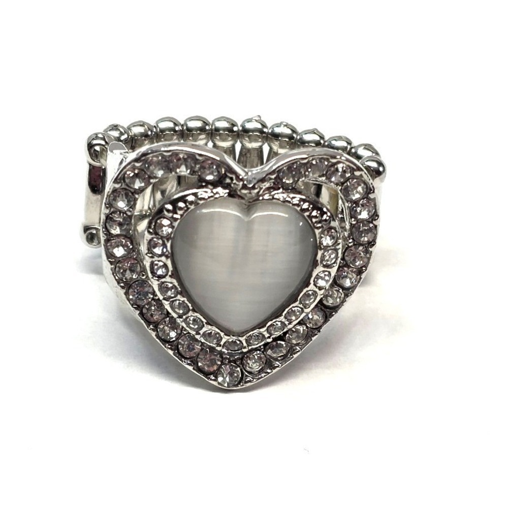 New Heart Ring Silver Tone Cat Eye Moonstone Rhinestone Stretch Band PLus Size